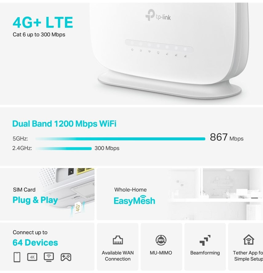 Router Ac1200 Wireless 4G Dualband 3P Gbs Lan 1Wan Ant Int Est Wpa3 - Visualizzazione dettagliata