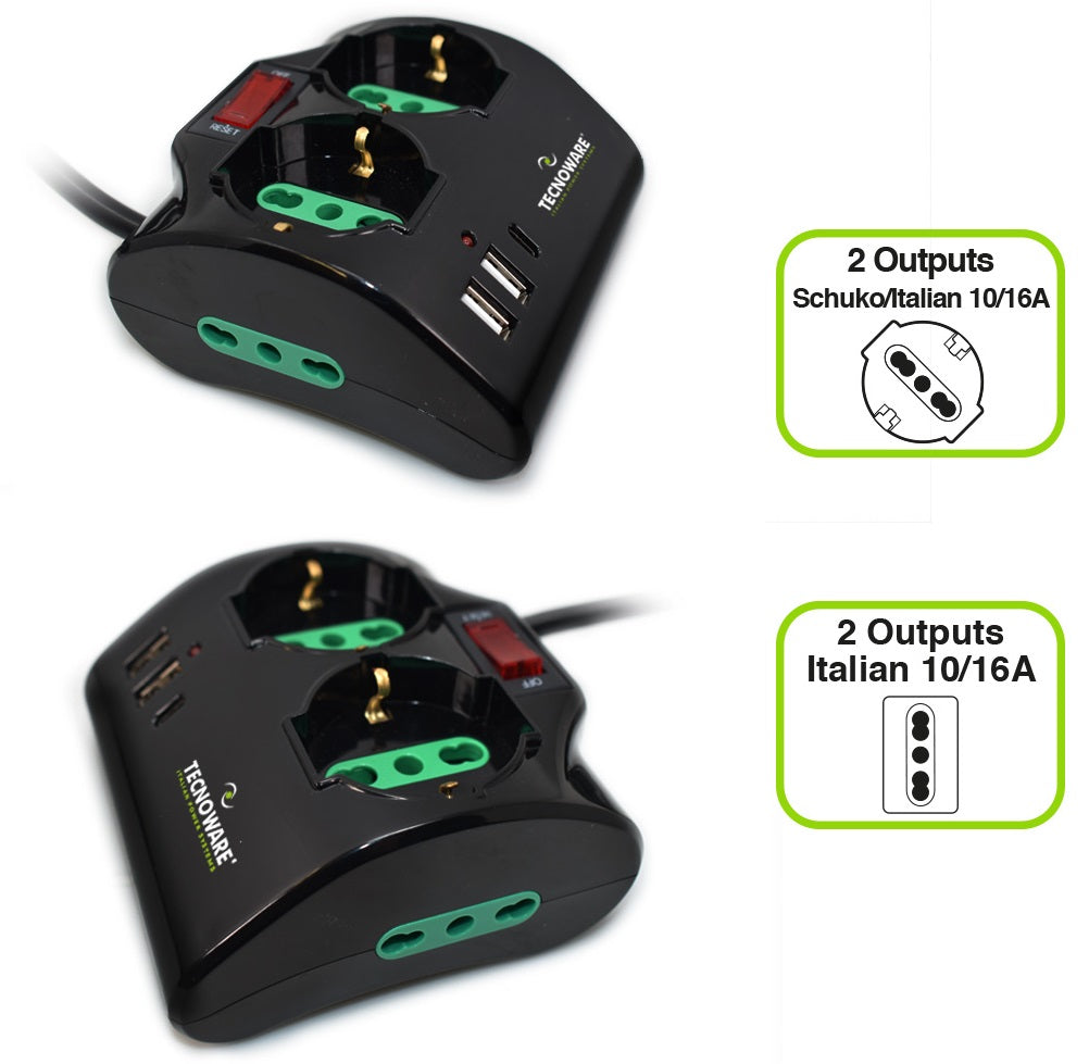 Presa Multipla Tecnoware 2 Schuko 2 Ita 2 Usb A 1 Usb C Interruttore - Visualizzazione dettagliata