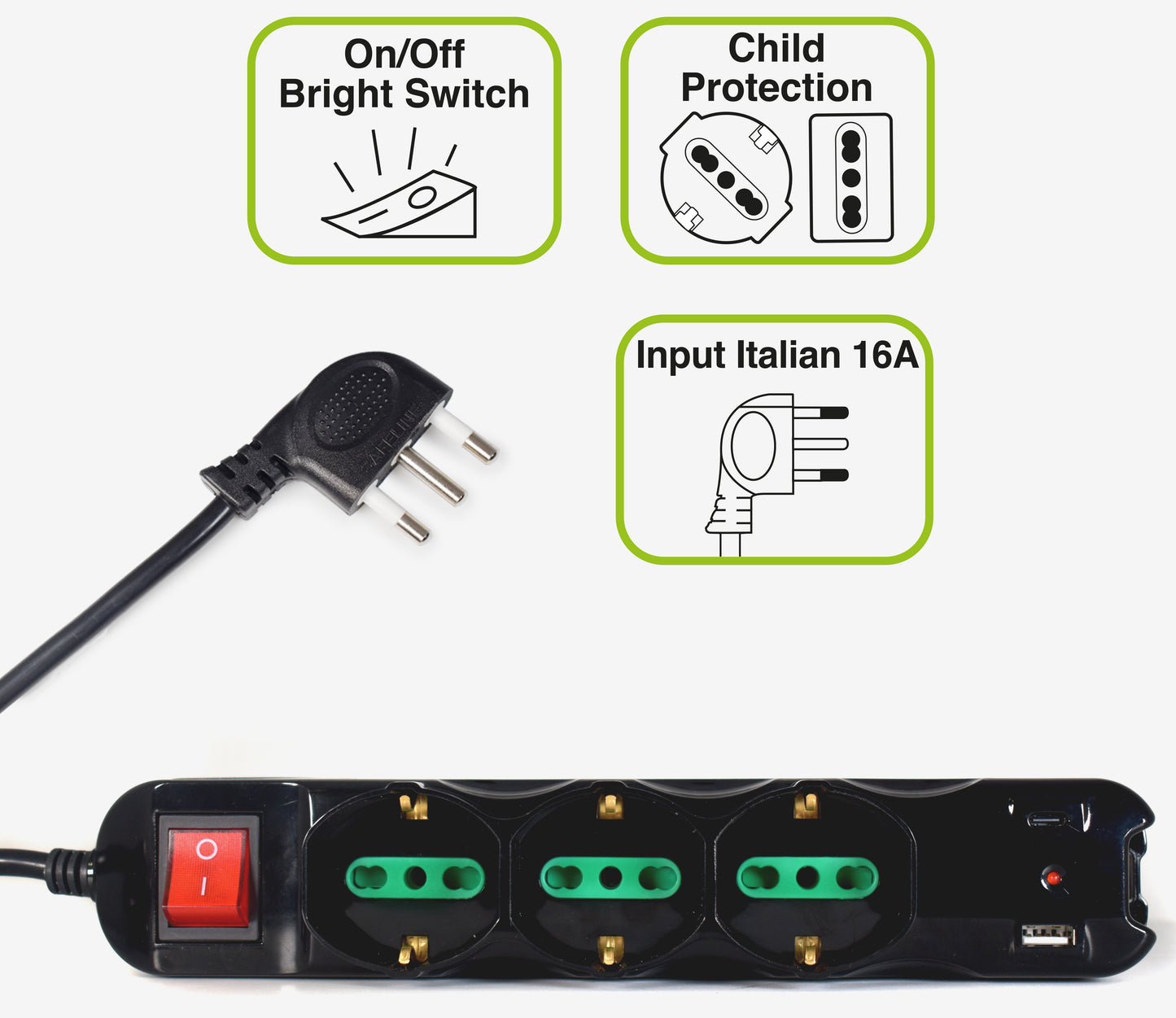 Presa Multipla Tecnoware 3 Schuko 6 Italia 10 16A 1 Usb A 1 Usb C Int - Visualizzazione dettagliata