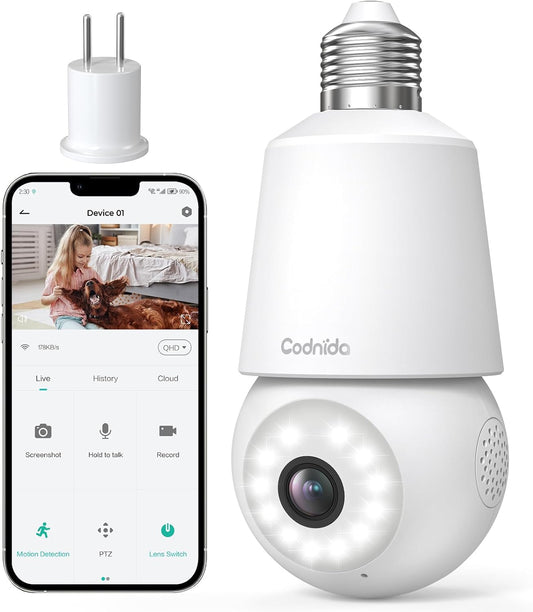 Camera E27 Bulb Cam 2K 3Mp Ptz 340 90 Led 3W Ir Mic Speak Wifi - Visualizzazione dettagliata