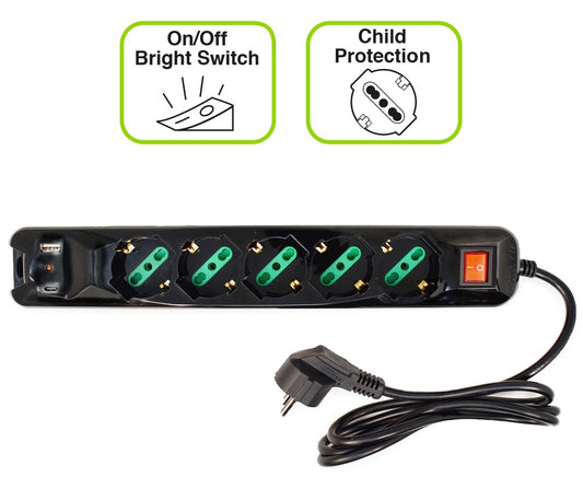 Presa Multipla Tecnoware 5 Schuko 1 Usb A 1 Usb C Interruttore Nera - Visualizzazione dettagliata