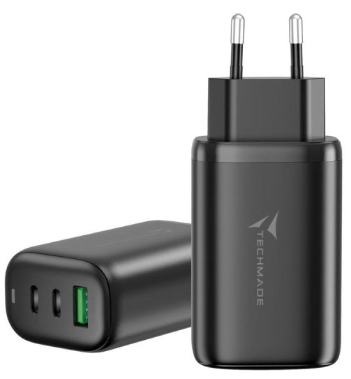 Carica Batteria Rapido Gan 3P 2Usb C 1 Usb A 65Watt Nero Techmade - Visualizzazione dettagliata