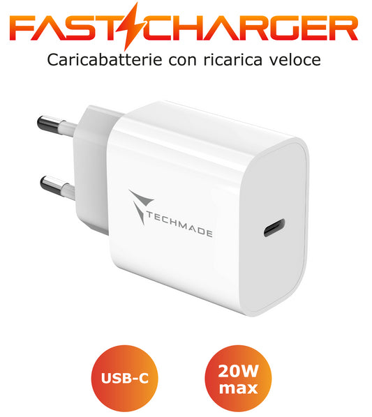 Carica Batteria Rapido 1P Usb C 20W Bianco Techmade - Visualizzazione dettagliata
