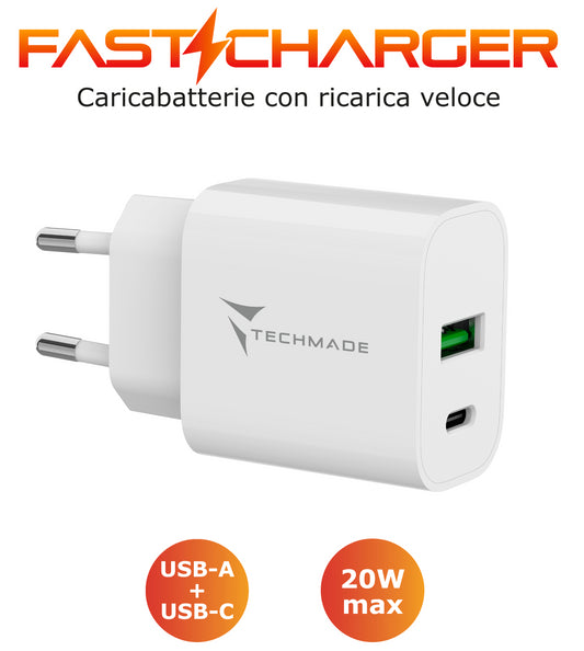 Carica Batteria Rapido 1P Usb C 1P Usb A 20W Bianco Techmade - Visualizzazione dettagliata